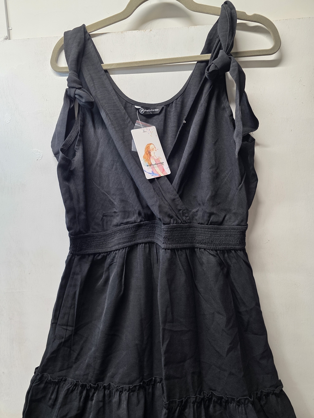 PRETTYGARDEN Womens Black Maxi Dress Size L Tie Shoulder Tiered V Neck NWT